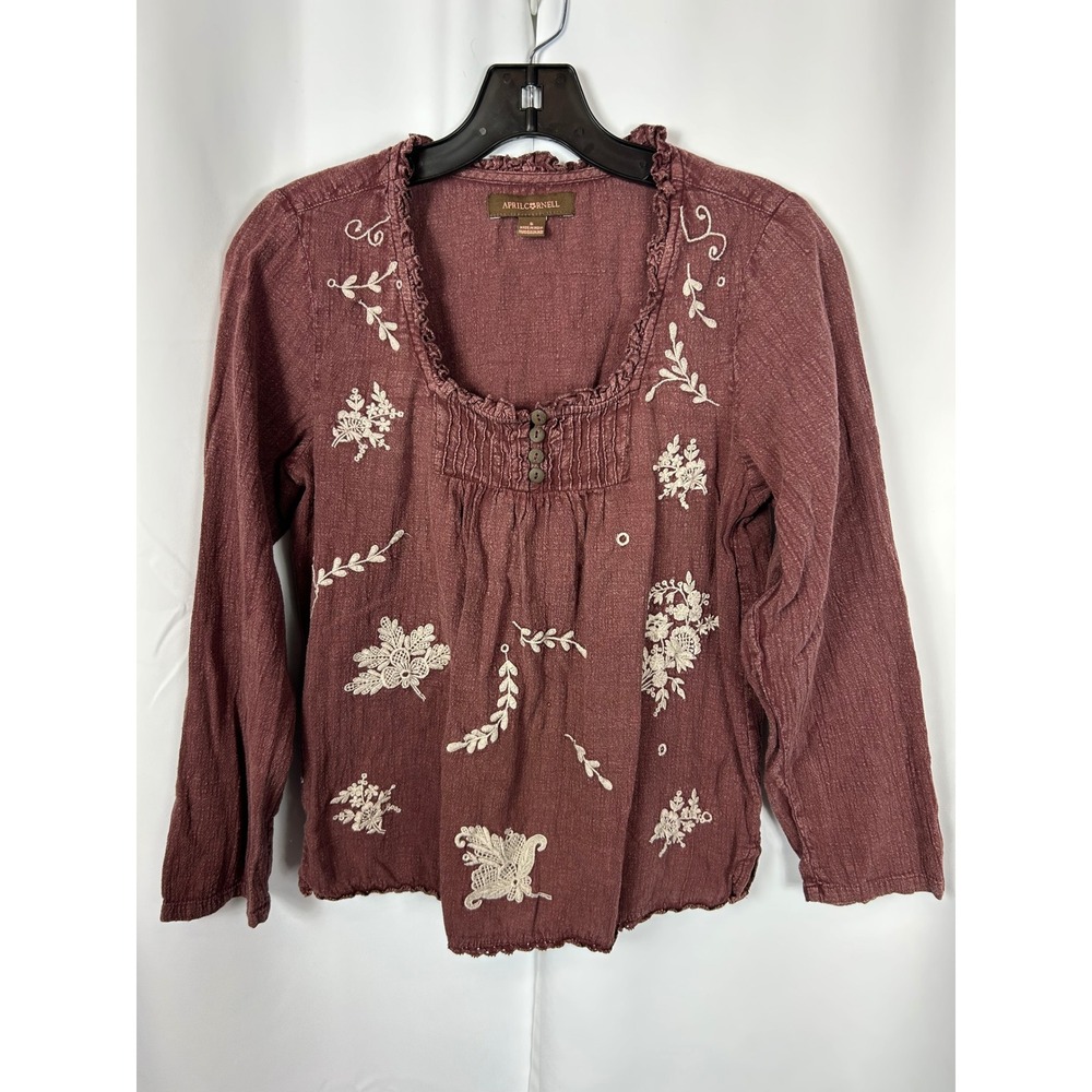 April Cornell Mauve Embroidered 100% Cotton Blouse Cottagecore Boho Floral Small